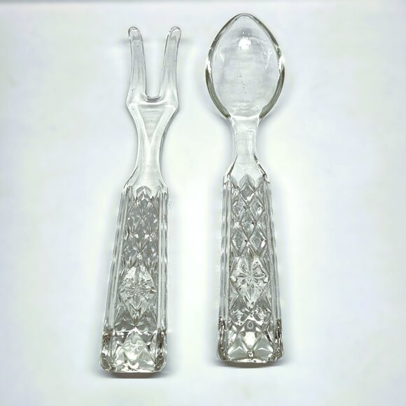 Vintage Anchor Hocking WEXFORD GLASS Fork and Spoon Salad Serving Set 9.75" - Picture 3 of 8